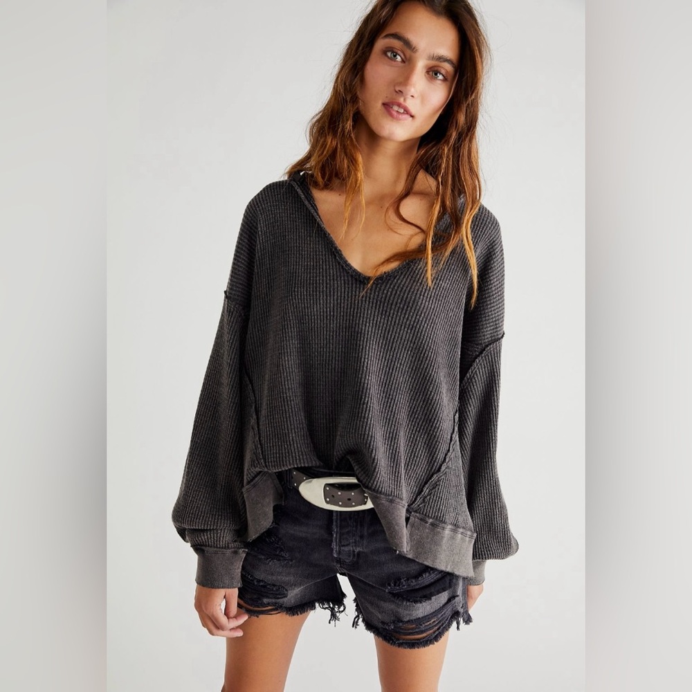 We The Free Charcoal Gray Waffle Knit Top